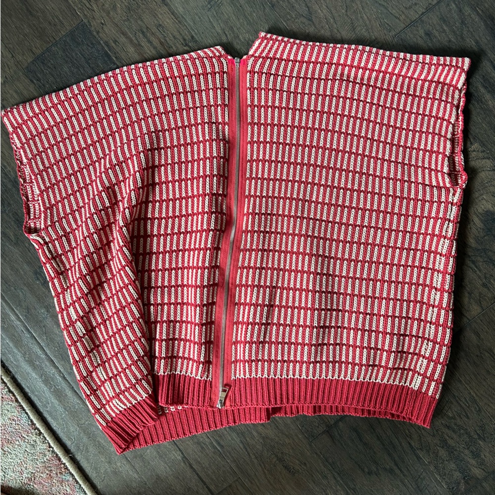 Free People Red Ivory Knit Sweater Poncho Short Sleeve Size M - Picture 6 of 6